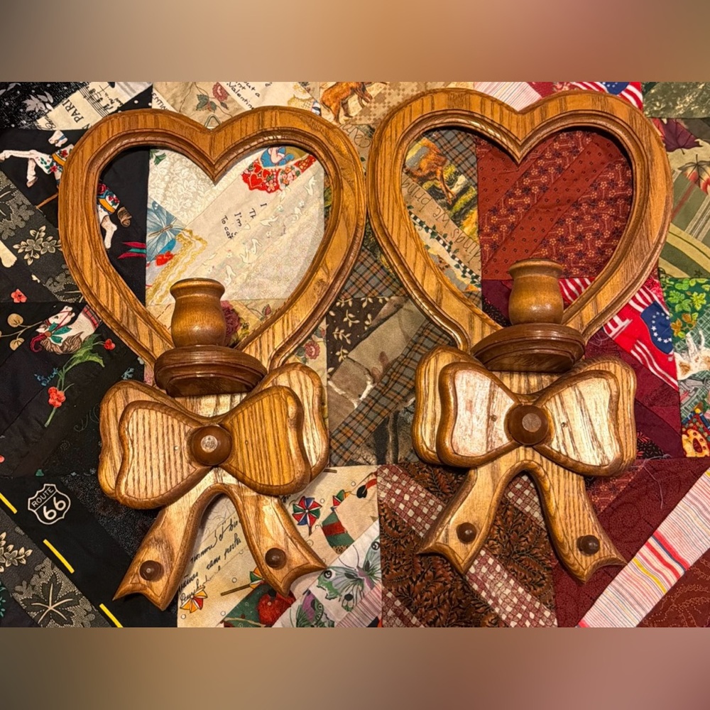 Vintage Heart and Bow Wooden Sconces Candle Holder Wall Decor Cottagecore Rustic